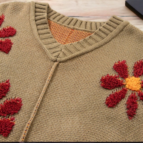 Sage Green Flower Knit V Neck Sweater - Picture 5 of 5